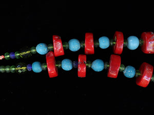 109  Red coral with Ming period blue beads and faceted green crystal